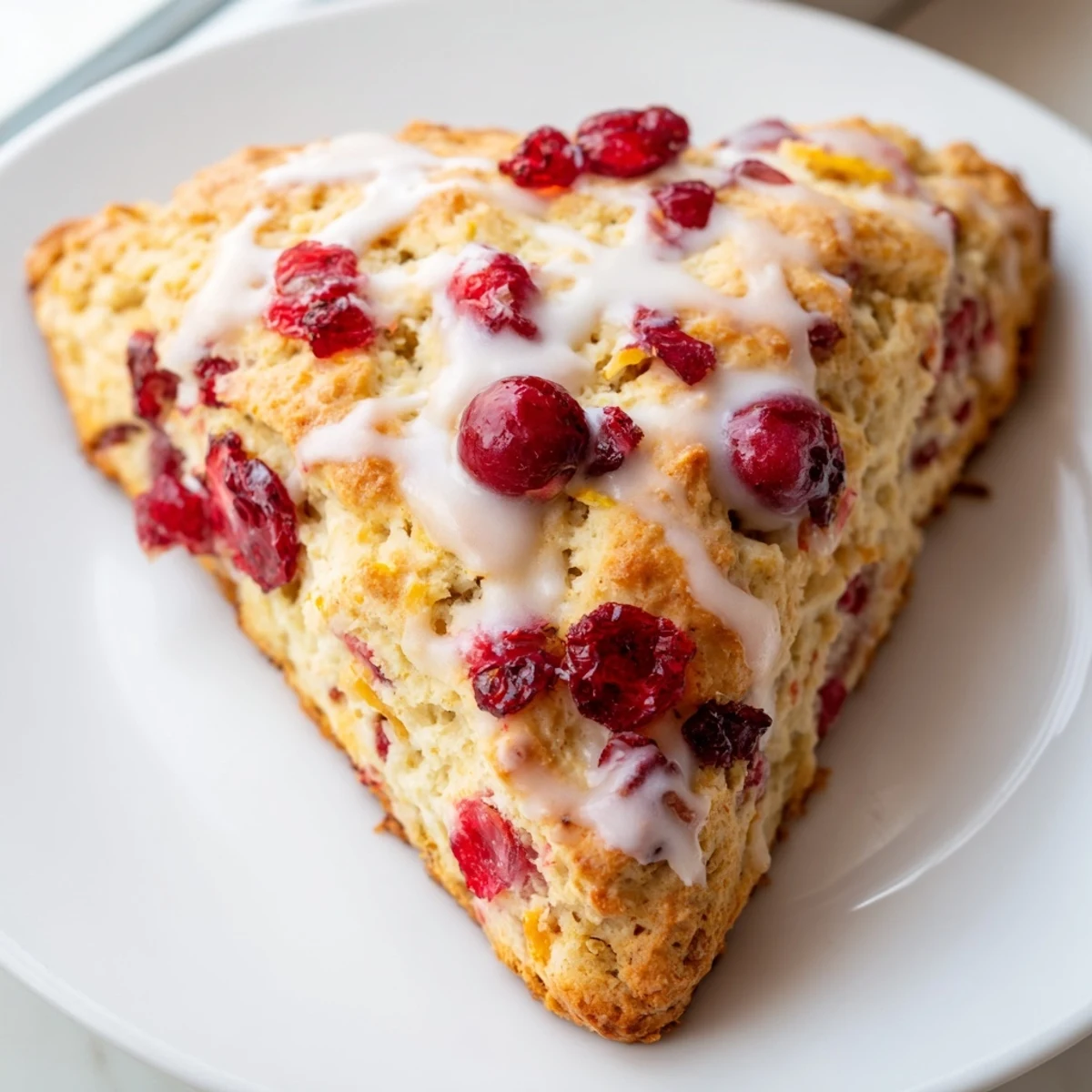 Golden, buttery Cranberry Orange Scones with a sweet orange glaze, ready to enjoy with coffee.