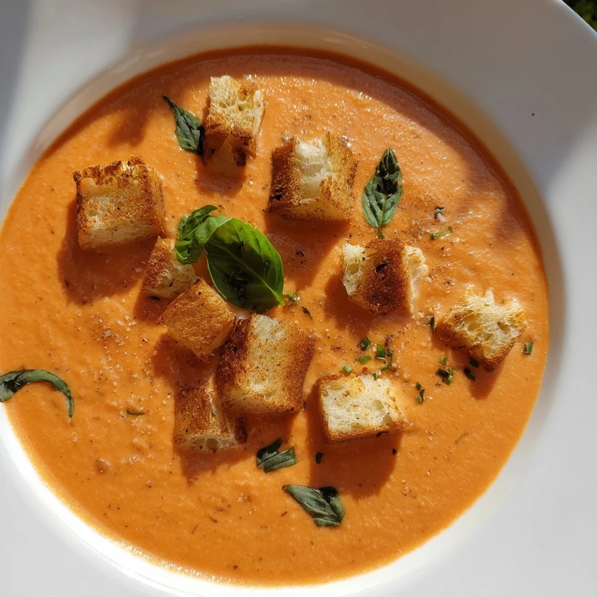 Creamy Tomato Basil Bisque with Croutons: a bowl of smooth, vibrant soup garnished with golden croutons.