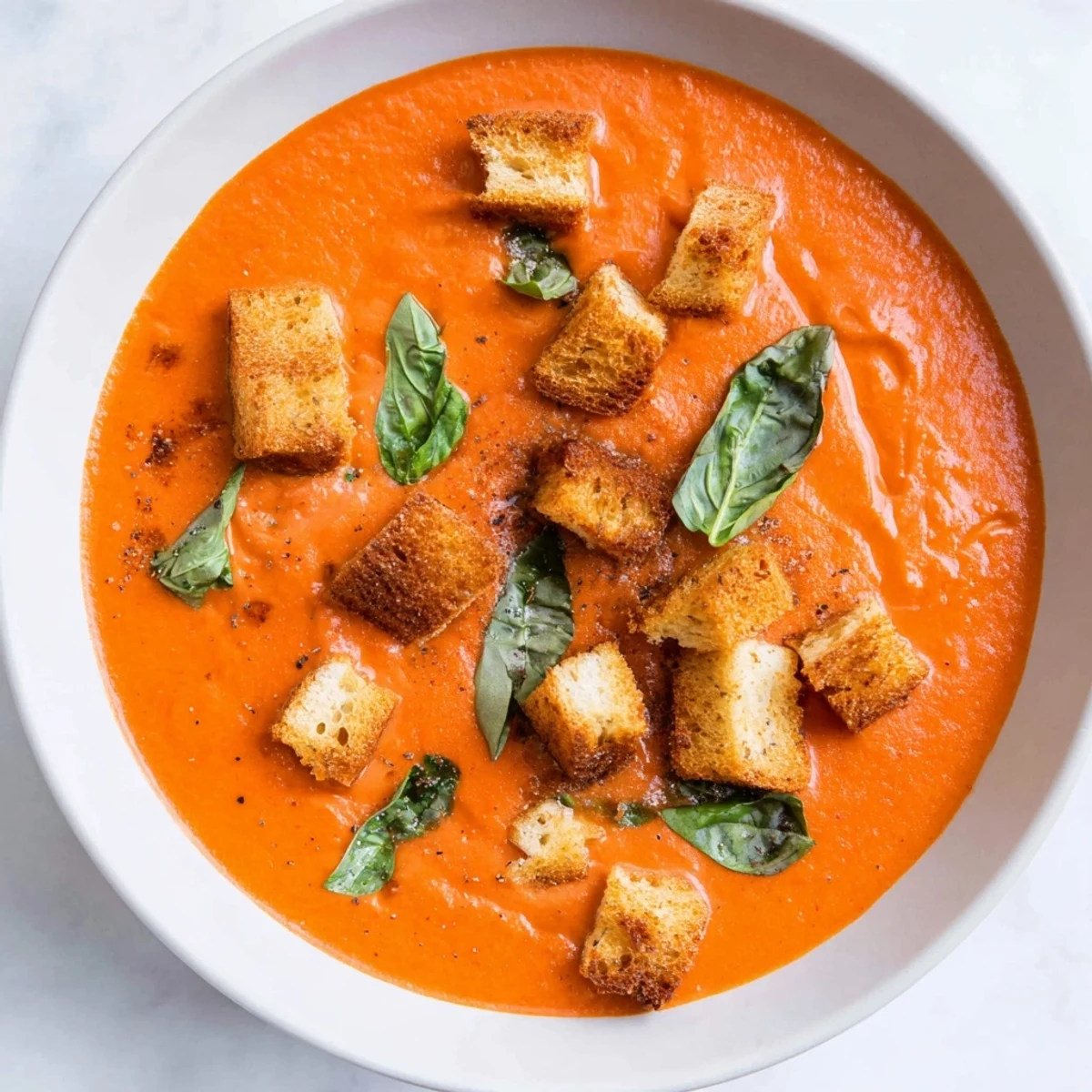 A close-up shot of homemade Creamy Tomato Basil Bisque, rich and delicious, ready to eat alongside croutons.