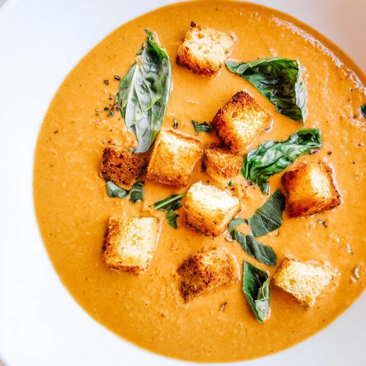 Enjoy the inviting aroma of this Creamy Tomato Basil Bisque, served hot with crispy croutons on top.