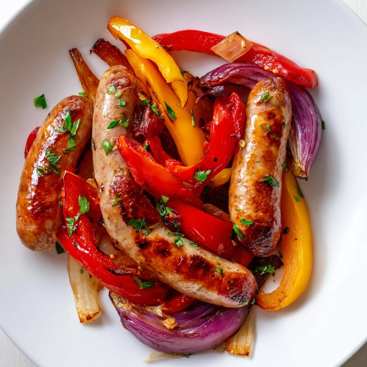Sheet Pan Sausage and Peppers, a colorful, sizzling oven-baked meal with juicy halal sausages.