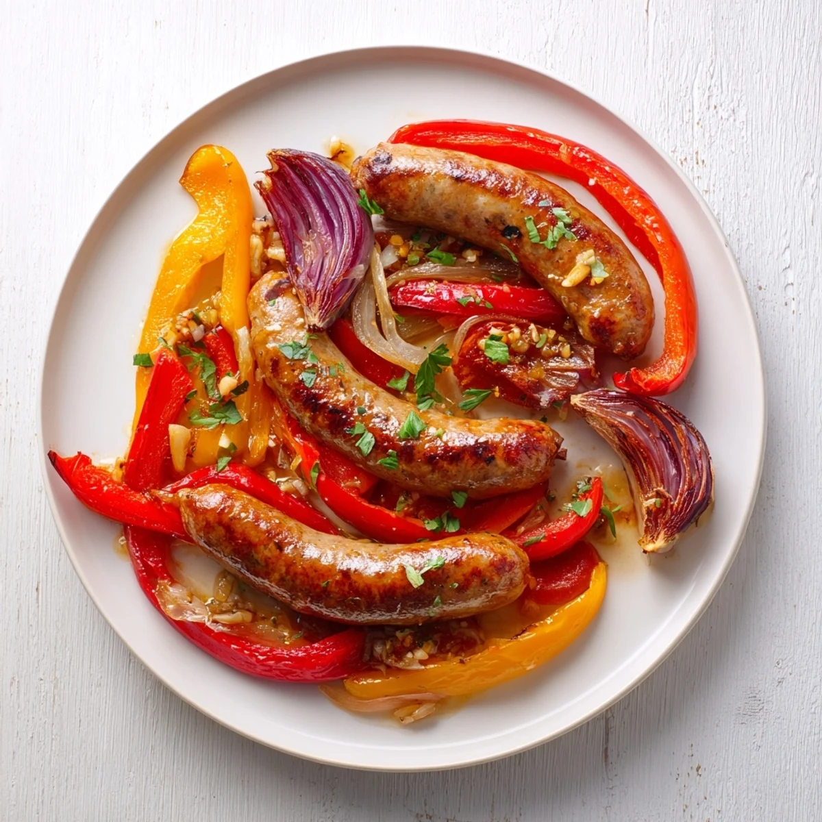 See the bright red and yellow bell peppers alongside the Sheet Pan Sausage and Peppers.