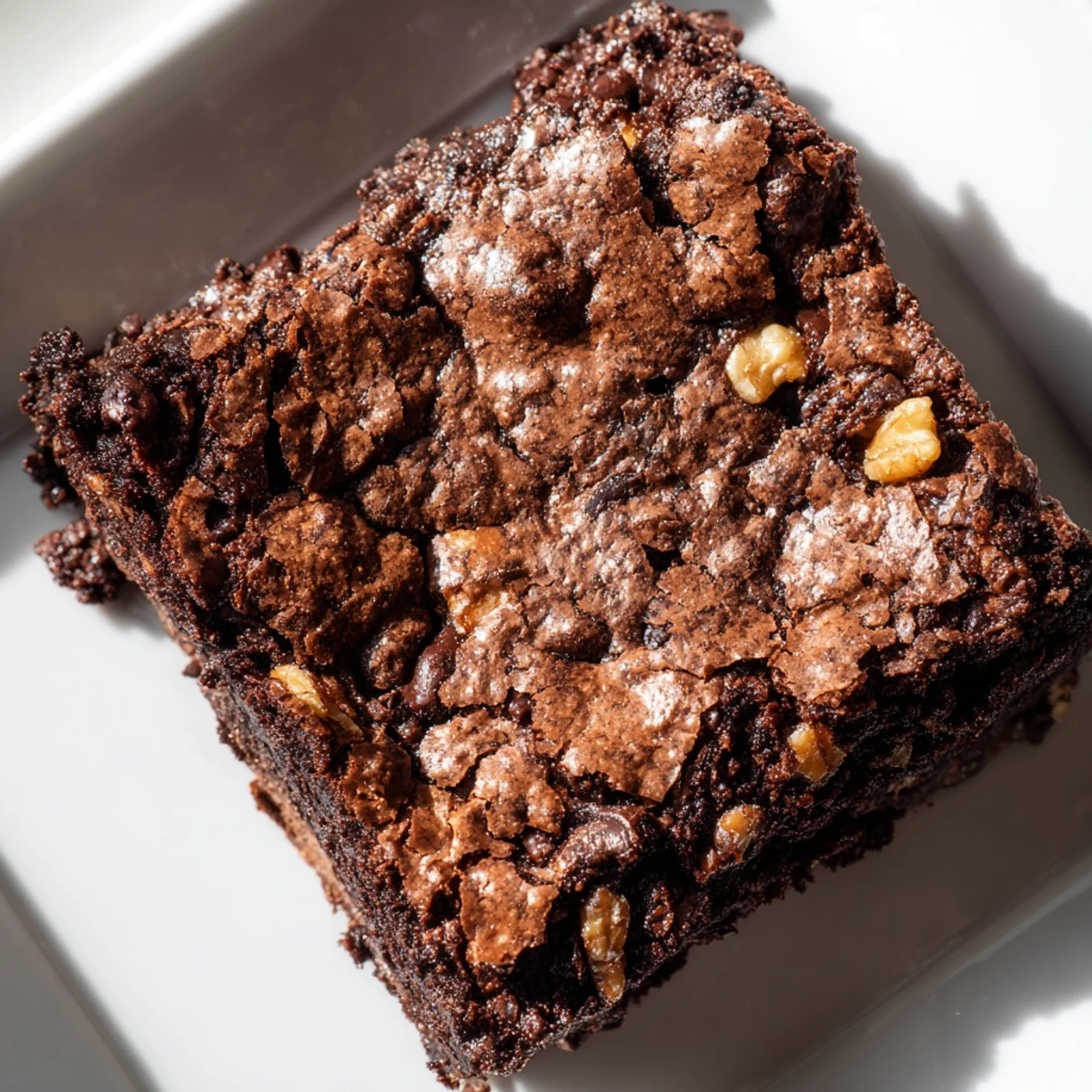 Fudgy chocolate brownies, still warm from the oven, show off a crackly top layer beautifully.