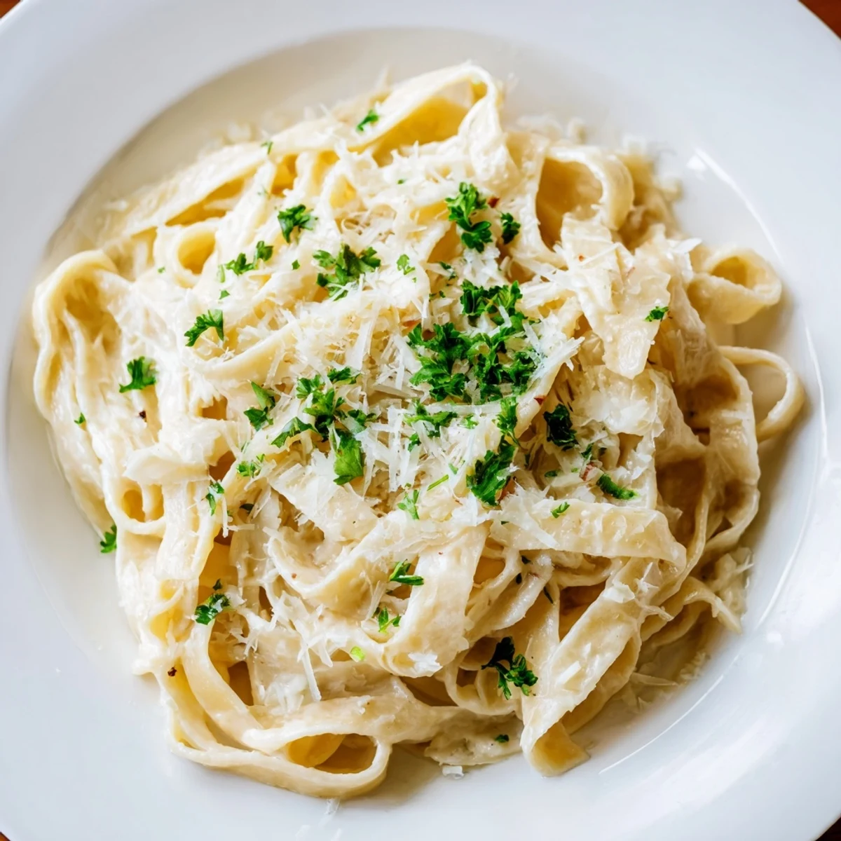 Delectable Creamy Garlic Pasta, garnished with fresh parsley and extra Parmesan cheese, served hot.