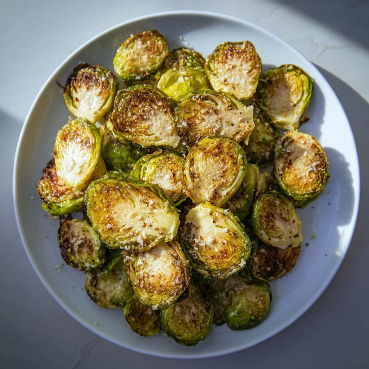 Crispy roasted Brussels sprouts, seasoned with salt and pepper, offer a delightful caramelized texture and flavor.