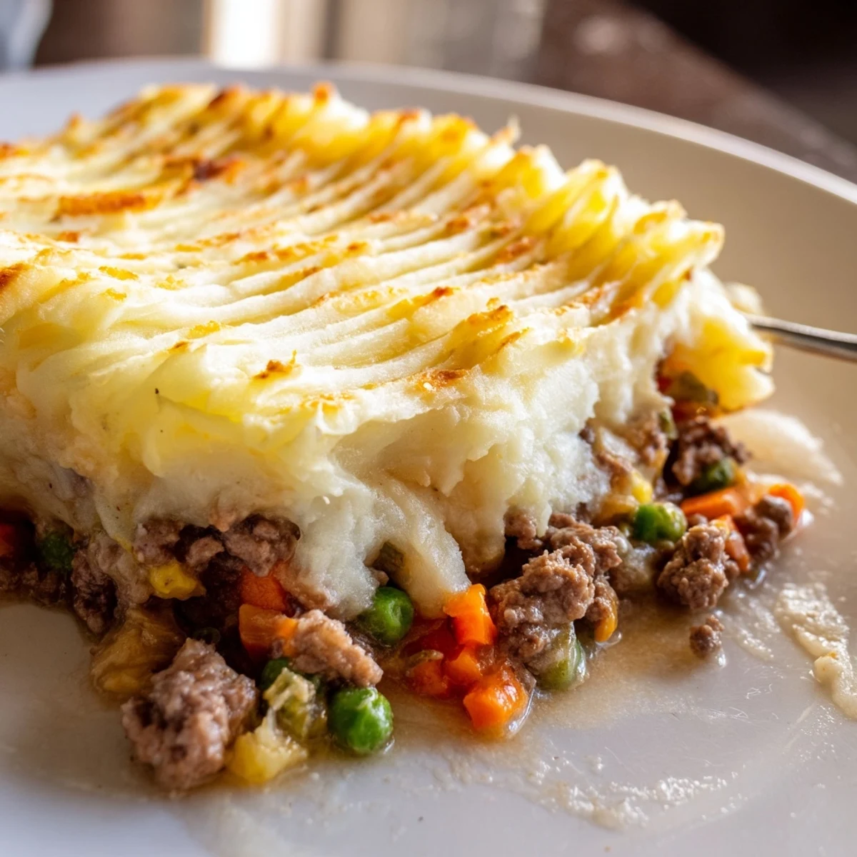 Golden-brown Beef Shepherd's Pie with a fluffy mashed potato crust, steaming hot and ready.