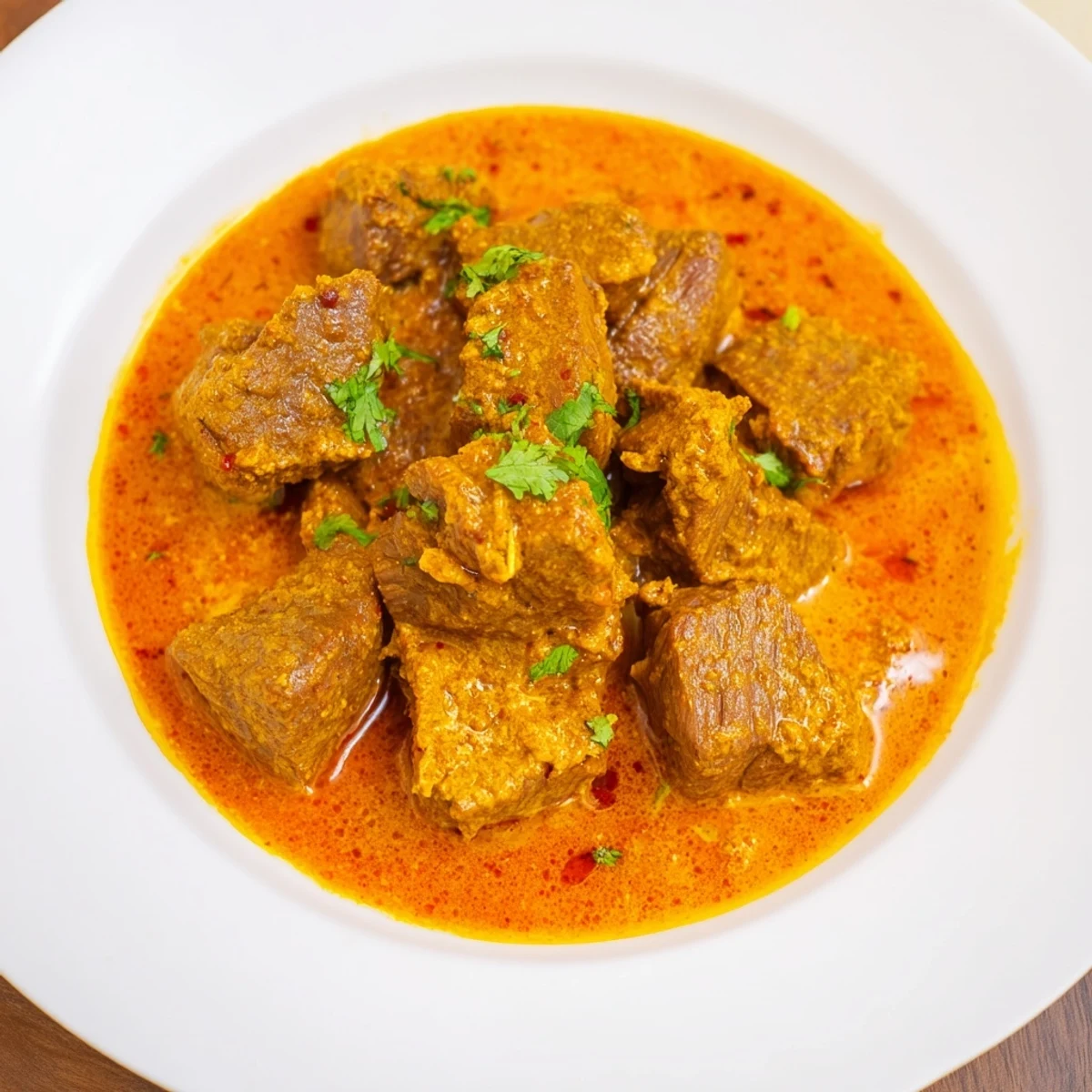 Tender, slow-cooked Spicy Beef Curry, simmered in a rich sauce and garnished with fresh cilantro.