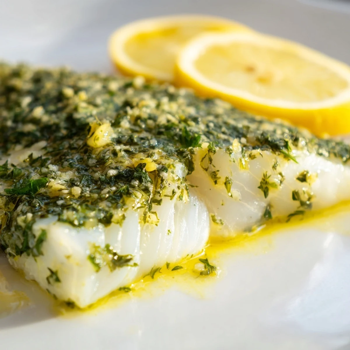 Baked cod with herbs: Flaky, glistening fillets topped with vibrant green herbs ready to bake.