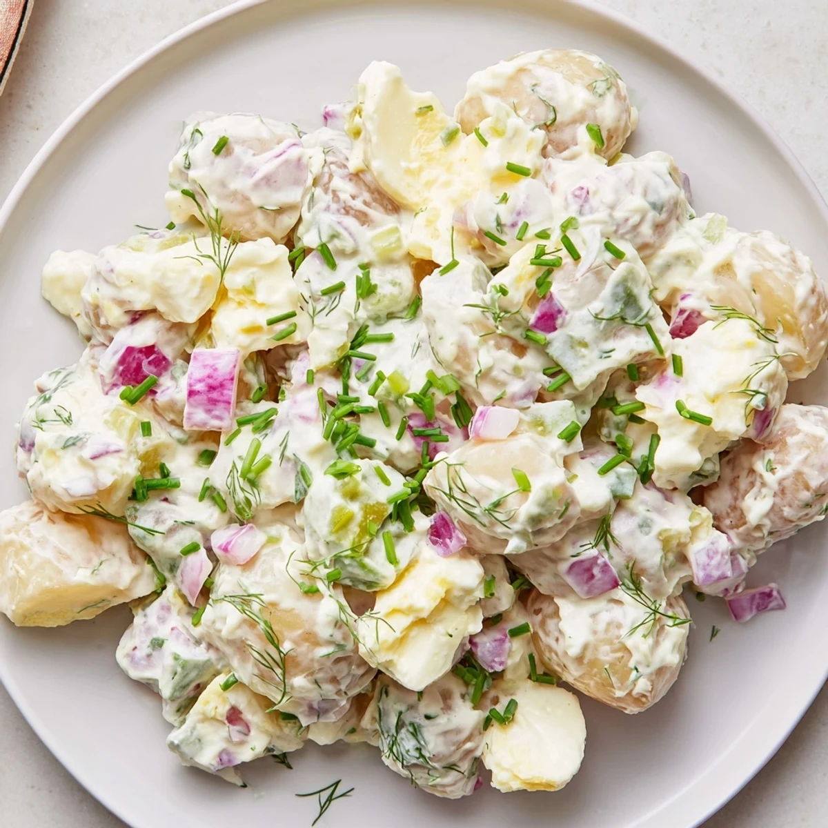 Creamy potato salad, a bowl of tender potatoes and crisp veggies in a creamy dressing.