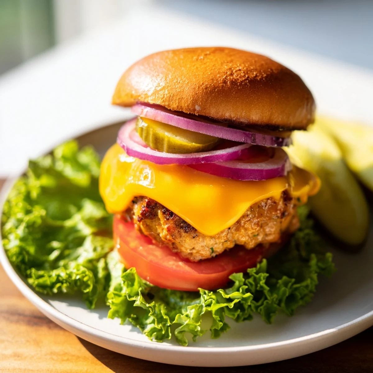 Close-up of a flavorful turkey burger with cheese, piled high with fresh toppings and ready to serve.