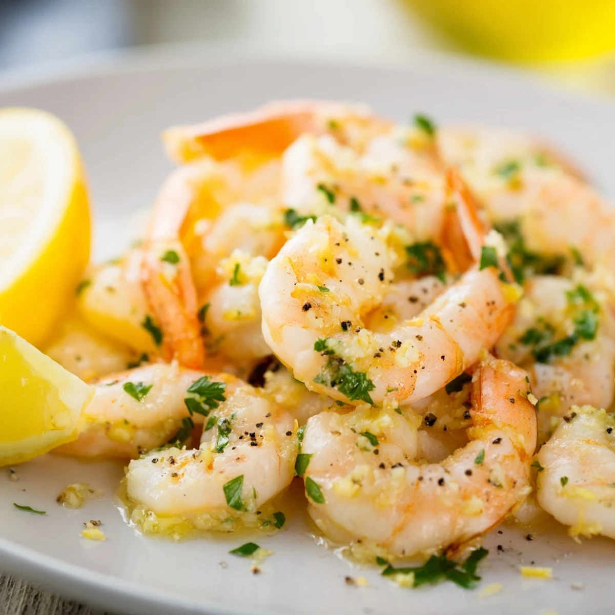 Golden-brown Lemon Garlic Shrimp with fresh parsley, served alongside bright lemon wedges.
