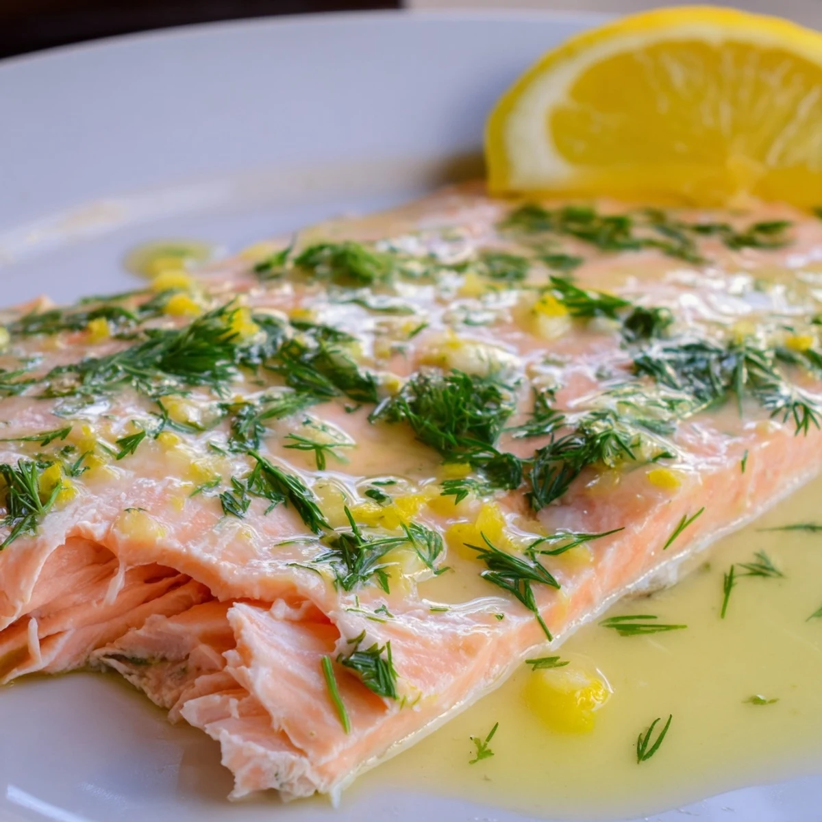 Freshly baked Baked Salmon with Dill and Lemon Butter Sauce flaking easily with a fork on a white plate.