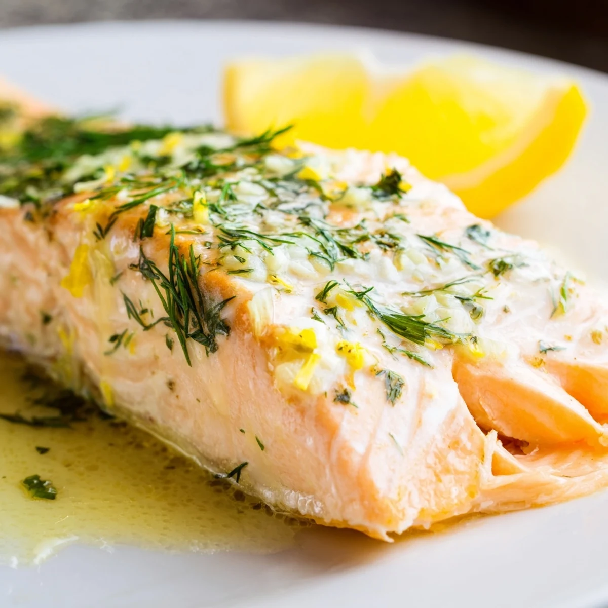 Golden Baked Salmon with Dill and Lemon Butter Sauce fillets topped with fresh herbs and lemon slices.