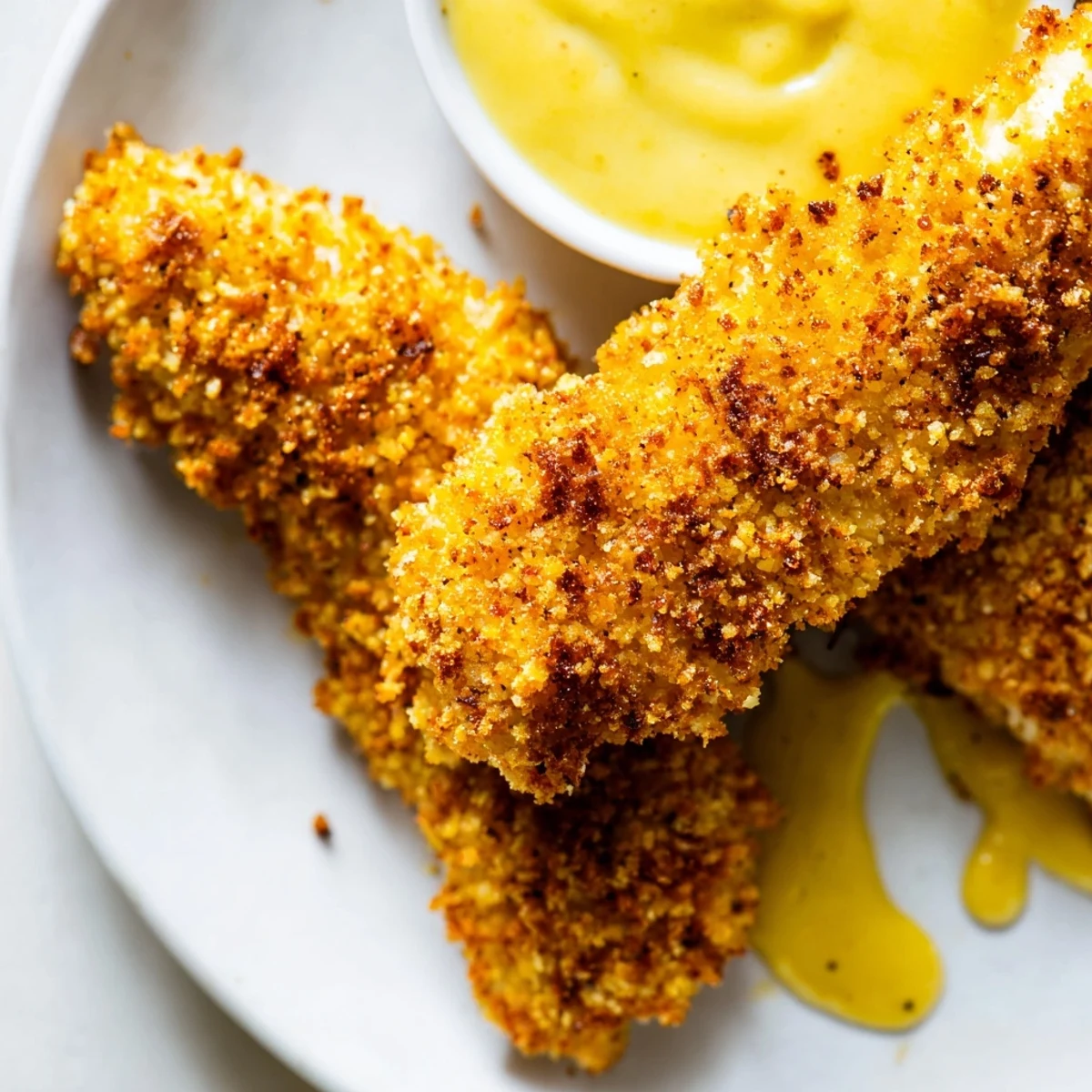 Golden, crispy baked chicken tenders with honey mustard sauce on a plate, garnished with fresh parsley.