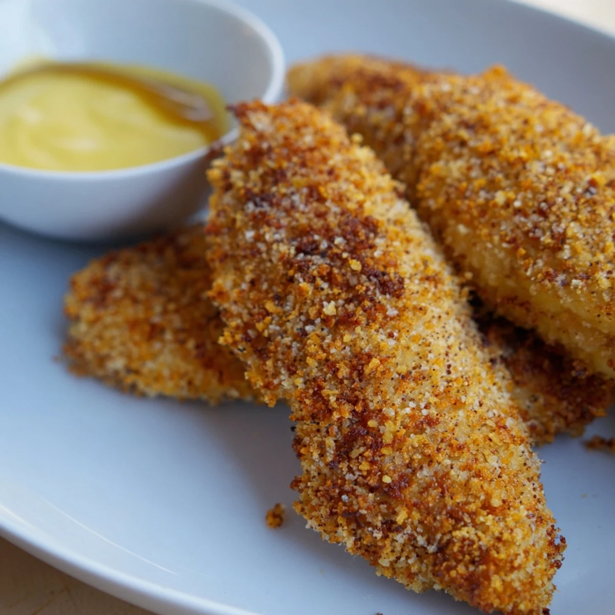 Perfectly baked panko-crusted chicken tenders with a side of creamy honey mustard dip for dipping.