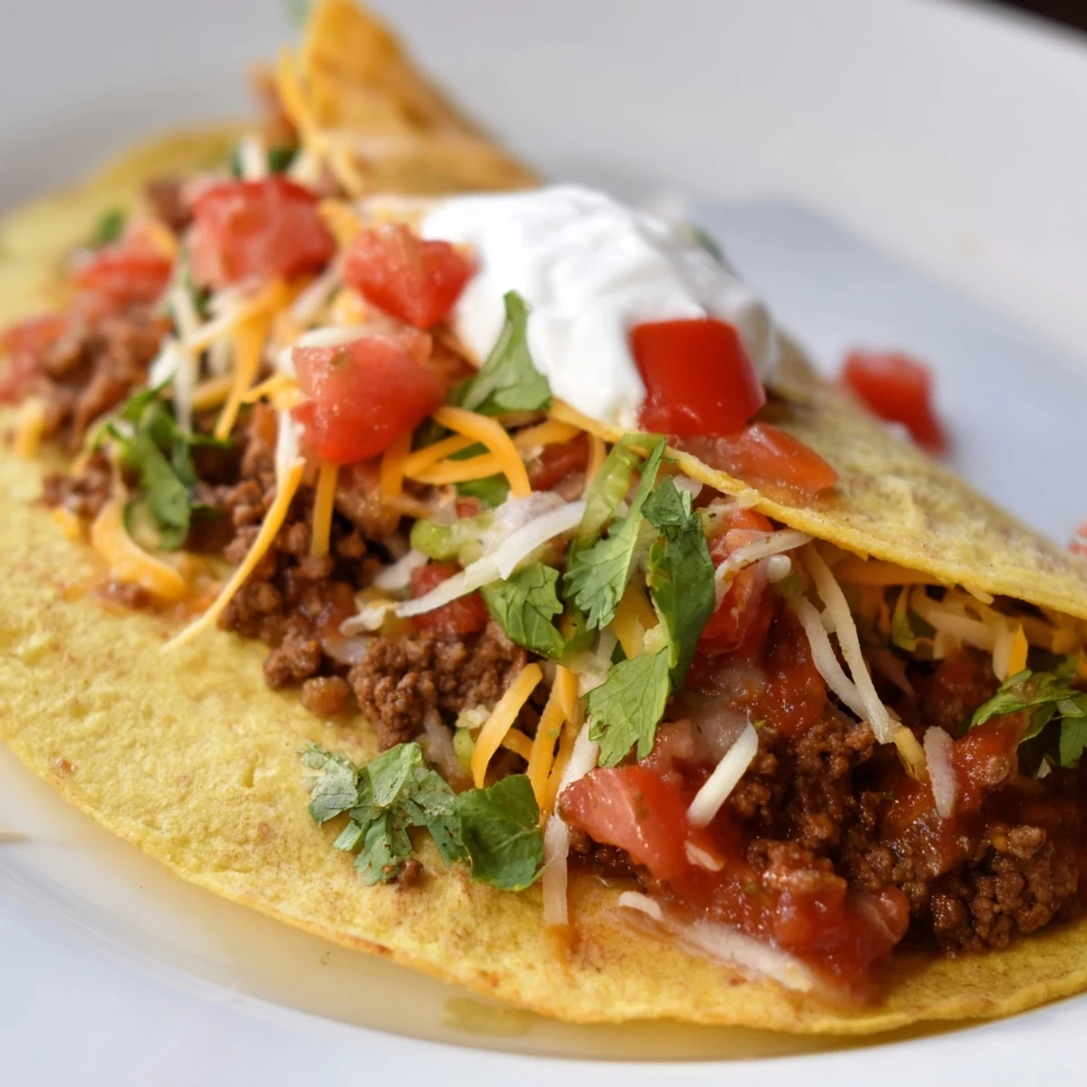 Beef Tacos with Homemade Taco Seasoning on warm flour tortillas, topped with lettuce, cheese, and sour cream.