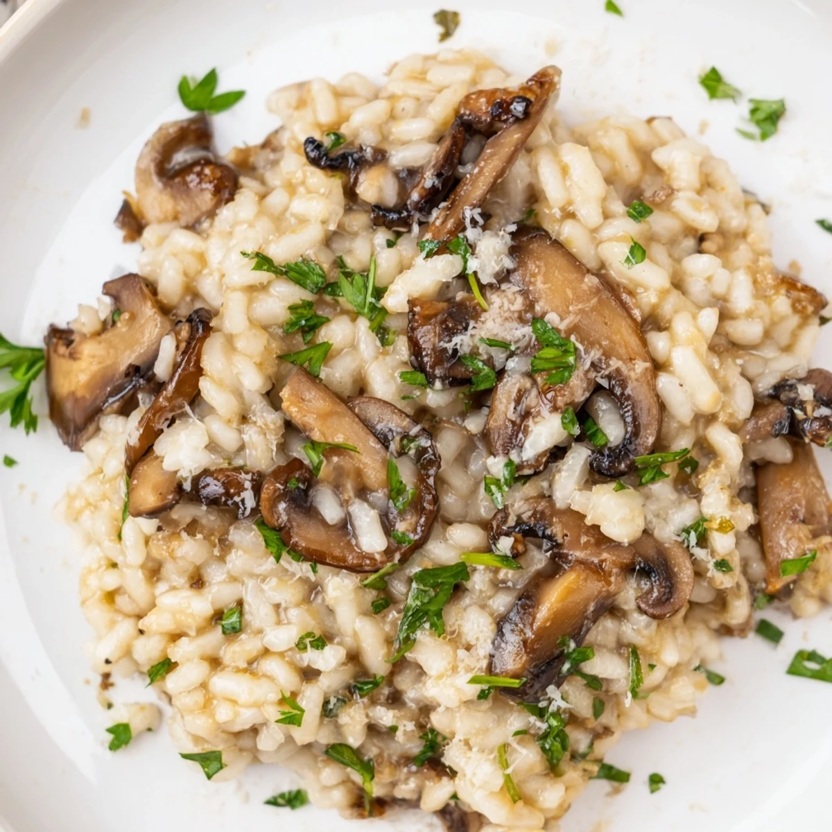 Steaming Mushroom Risotto with Truffle Oil Drizzle shows sautéed mushrooms and melted Parmesan in a white bowl.