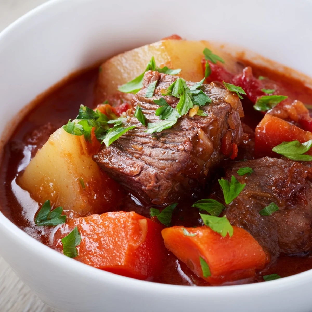 Slow Cooker Beef Stew with Carrots and Potatoes in a rustic bowl, garnished with fresh parsley and steam rising from the savory broth.