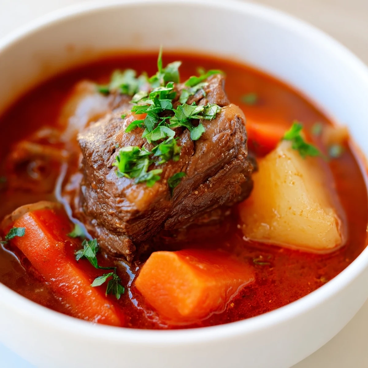 A hearty serving of Slow Cooker Beef Stew with Carrots and Potatoes beside crusty bread, perfect for dipping into the rich gravy.