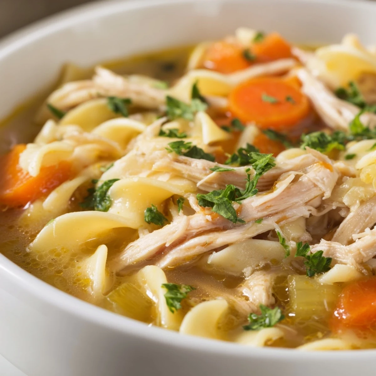 Homemade Chicken Noodle Soup with Egg Noodles steaming in a rustic ceramic bowl, ready to enjoy.