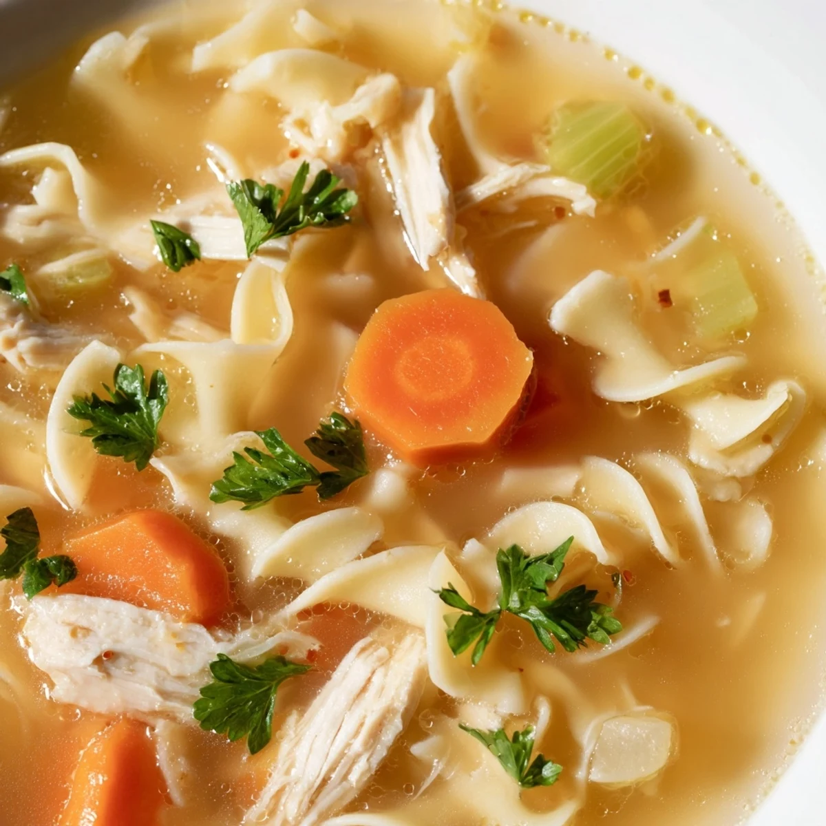 Freshly cooked Chicken Noodle Soup with Egg Noodles showcases tender shredded chicken and sliced carrots in broth.