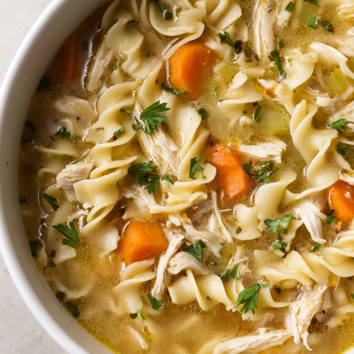 Comforting bowl of Chicken Noodle Soup with Egg Noodles garnished with parsley, served on a cozy table.