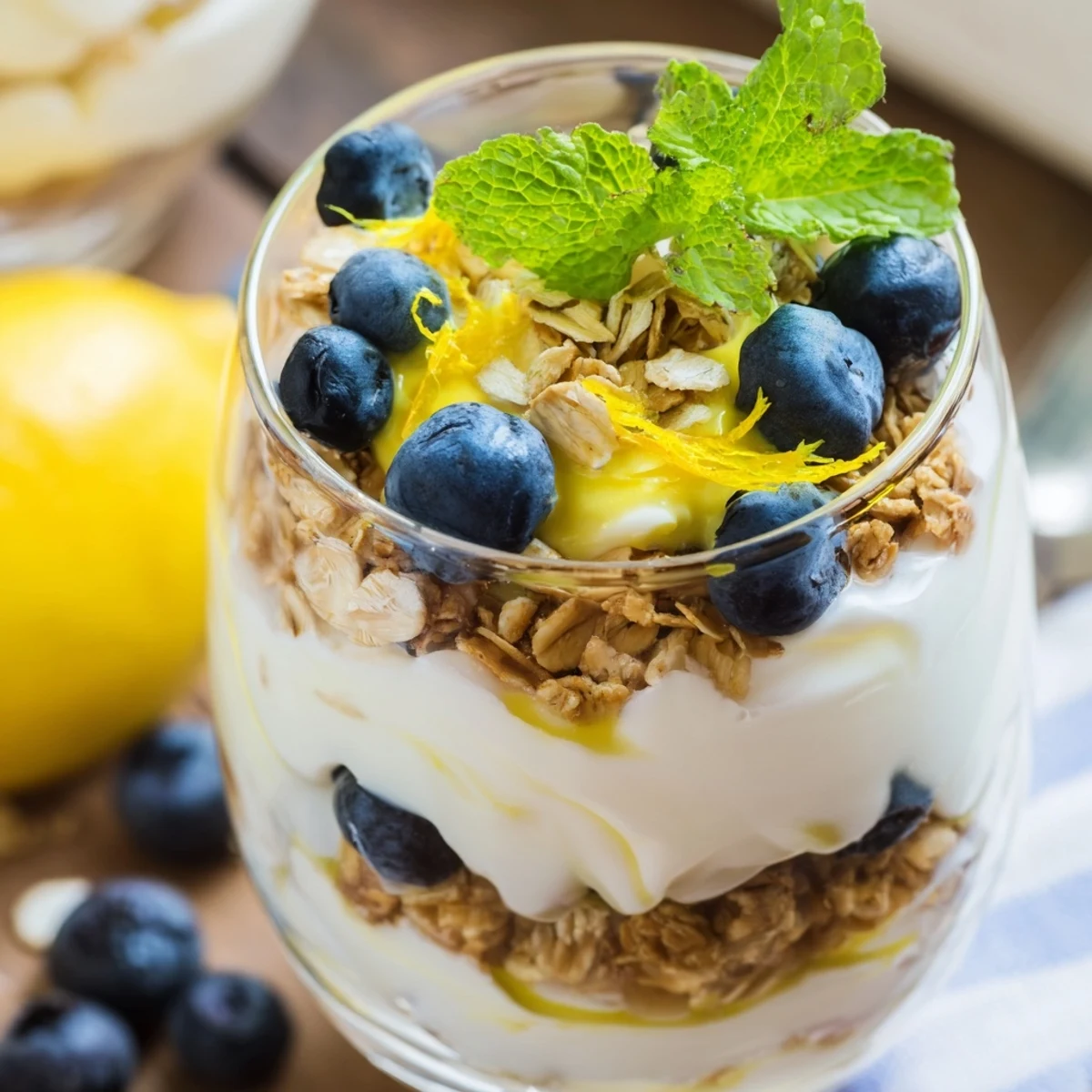 Vibrant Lemon Blueberry Yogurt Parfait served in a tall glass, highlighting fluffy granola, tart lemon zest, and sweet blueberries layered throughout.