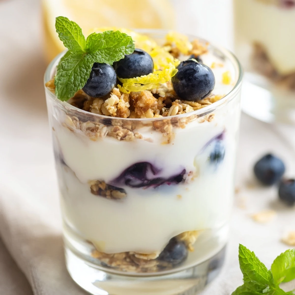 Fresh Lemon Blueberry Yogurt Parfait topped with mint beside a morning coffee, a bright and healthy American breakfast or snack option.