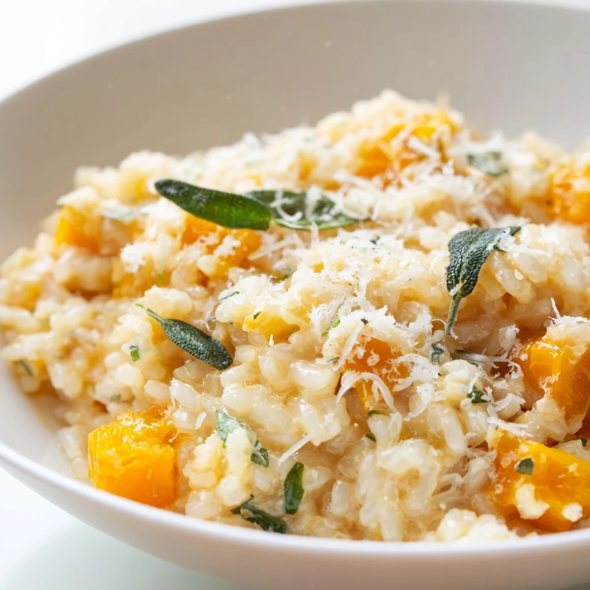 A spoonful of golden Winter Squash Risotto with Sage and Parmesan reveals velvety texture, served beside a glass of white wine.