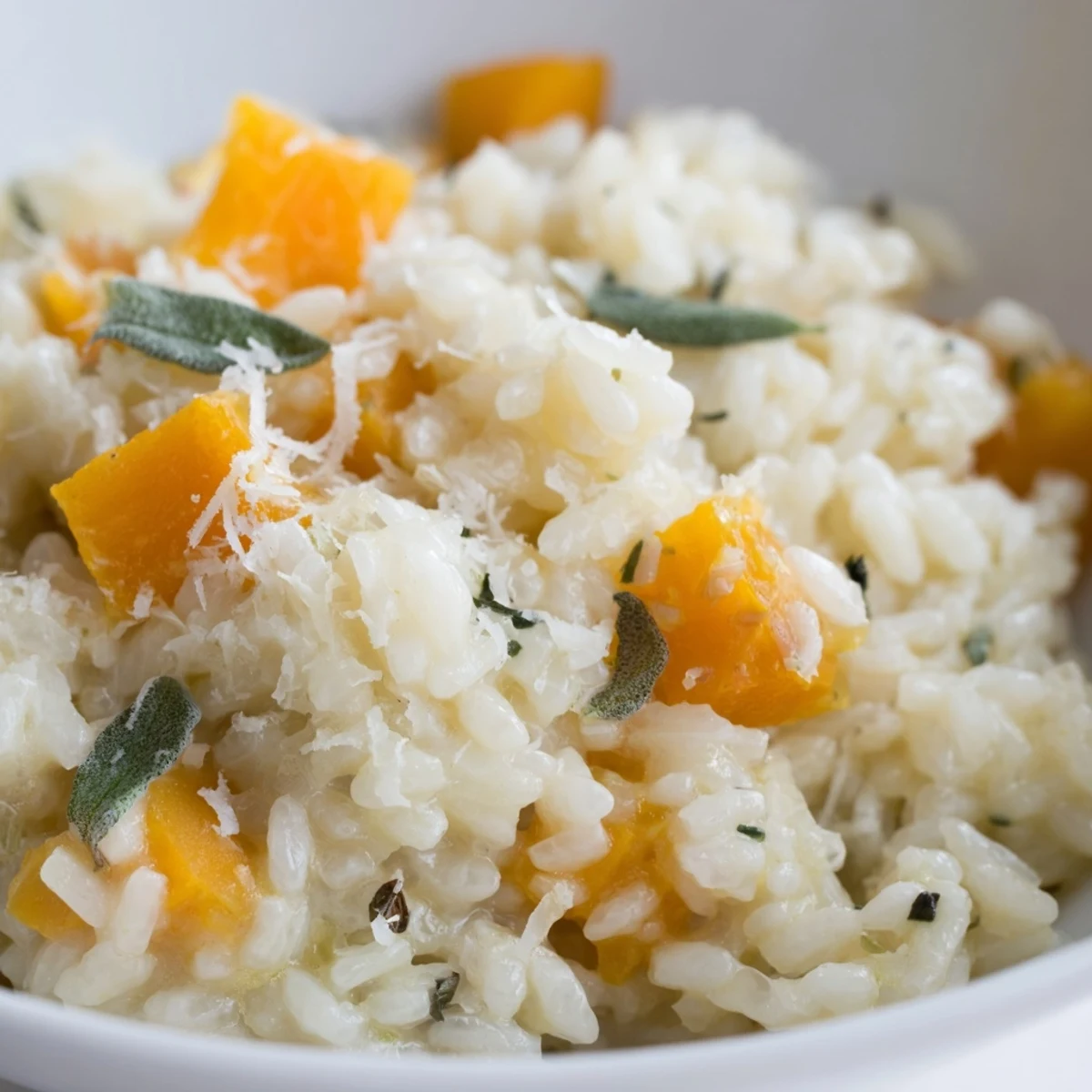 Creamy Winter Squash Risotto with Sage and Parmesan garnished with crispy sage leaves on a rustic plate.