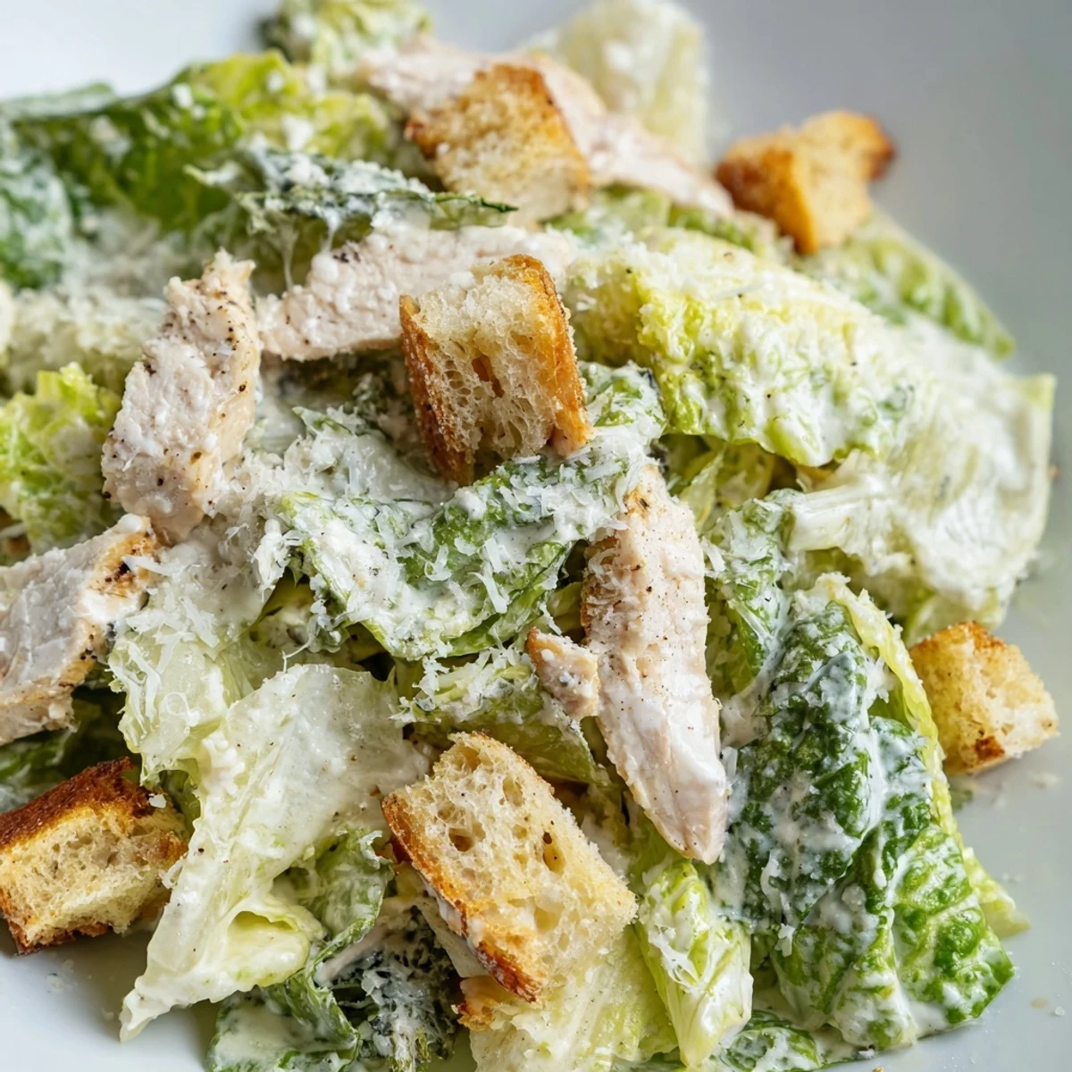 Juicy grilled chicken and golden, aromatic homemade garlic croutons rest on crisp romaine for a classic Chicken Caesar Salad.
