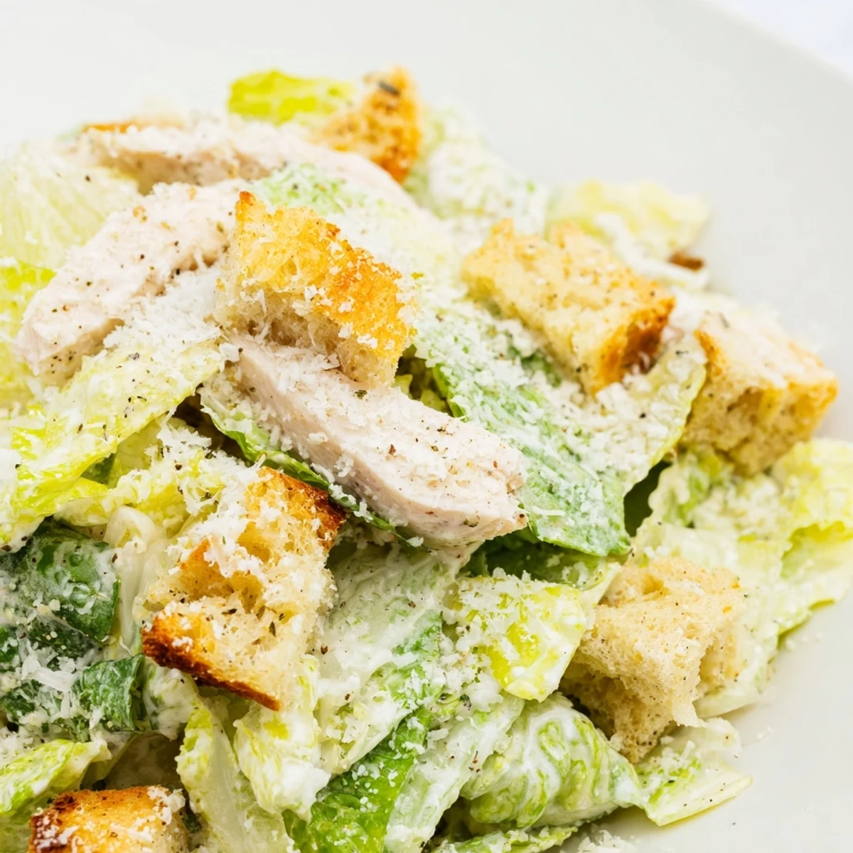 A creamy, freshly mixed Caesar dressing coats vibrant green romaine lettuce, topped with shaved Parmesan and tender sliced chicken.