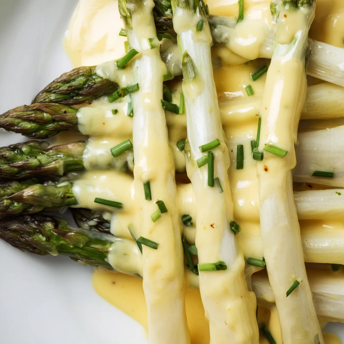 Golden roasted asparagus spears blanketed in silky Hollandaise sauce, garnished with fresh chives and lemon zest.