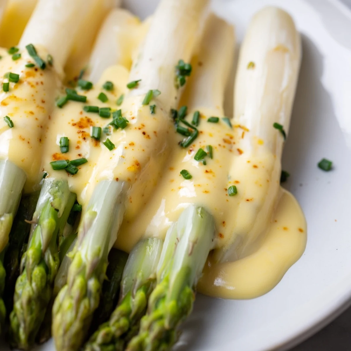 Freshly roasted asparagus with warm Hollandaise drizzled over the top, served alongside grilled salmon.