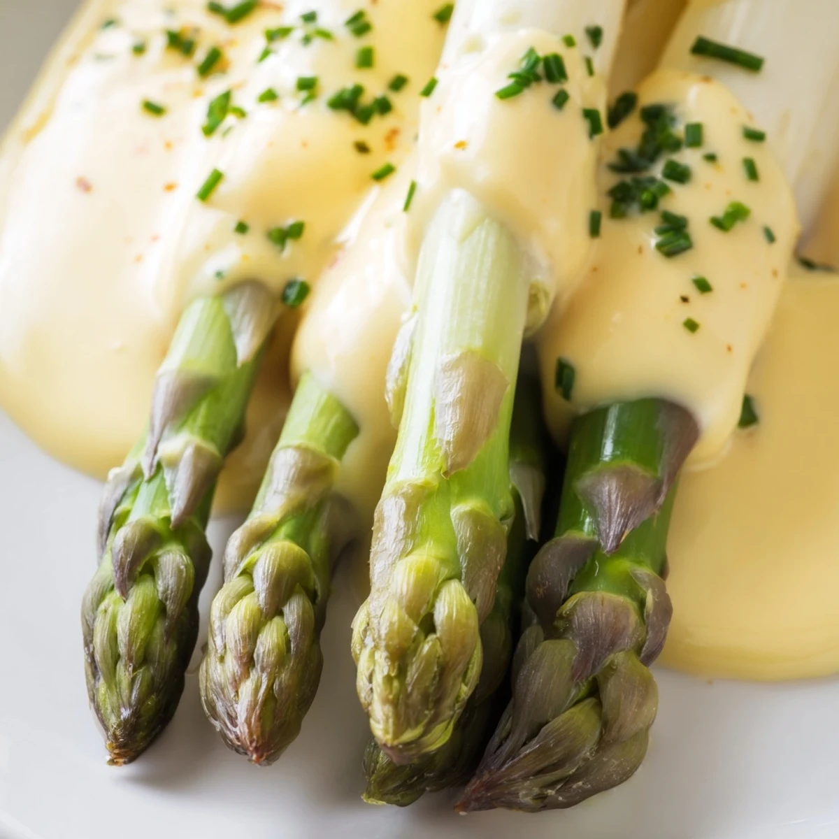 Bright green oven-roasted asparagus spears topped with creamy Hollandaise, a perfect gluten-free spring side dish.