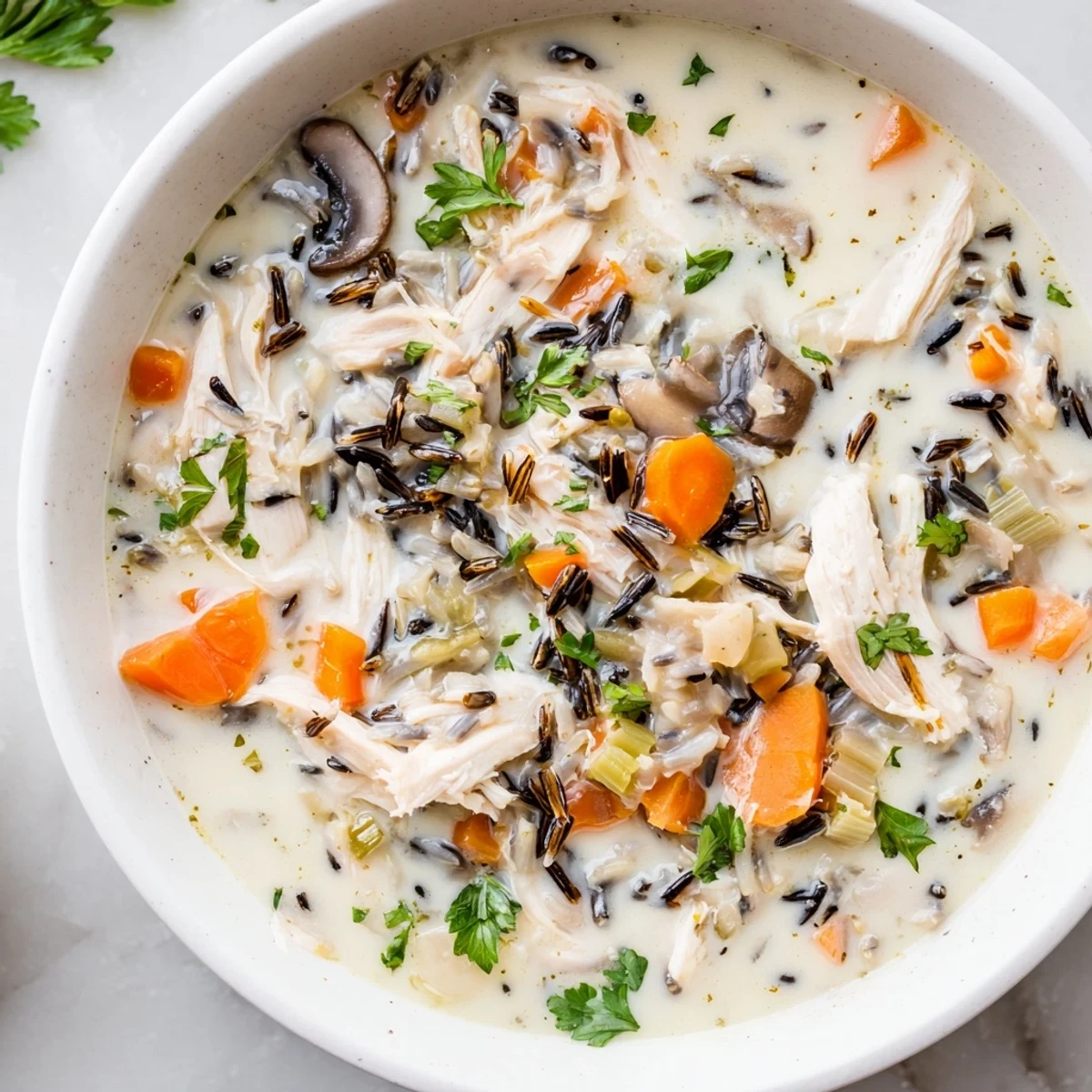 A hearty bowl of Creamy Chicken and Wild Rice Soup with Cream, featuring tender chicken, carrots, and wild rice in a rich broth.