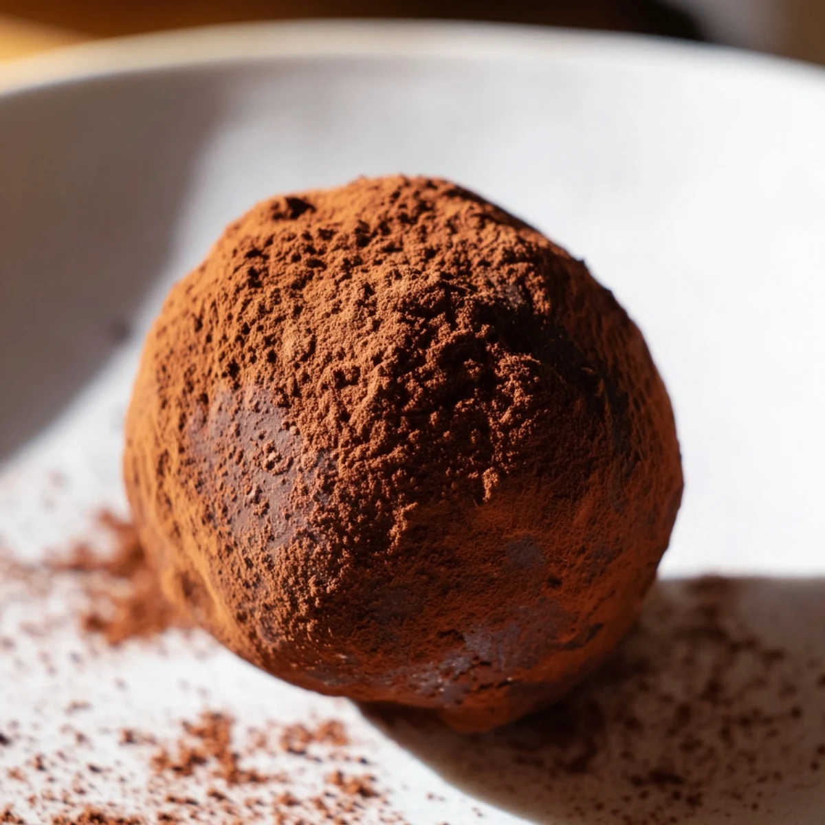 A platter of Dark Chocolate Truffles with Cocoa Powder next to espresso, a perfect after-dinner dessert for two.