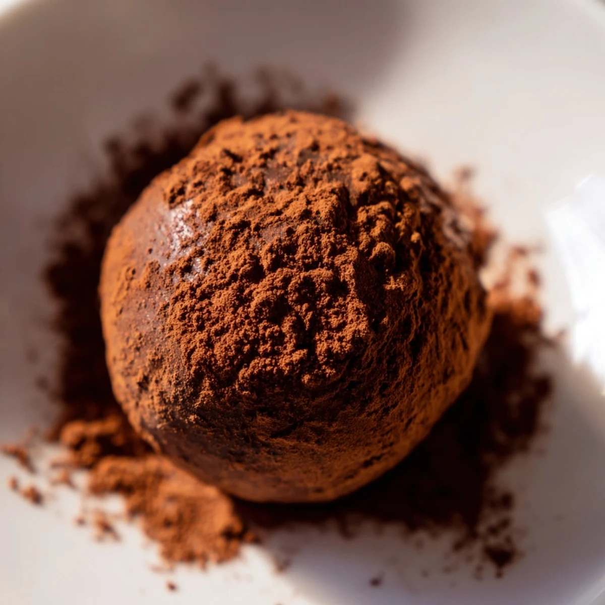 Close-up of homemade Dark Chocolate Truffles with Cocoa Powder, showcasing a glossy, rich center and velvety coating.