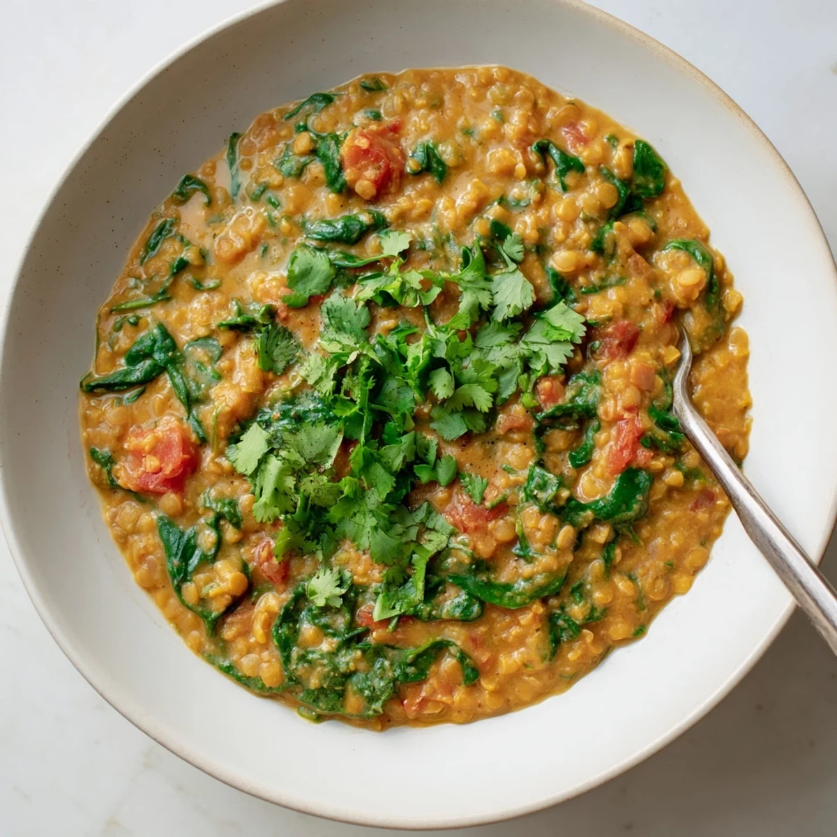Freshly chopped spinach is wilted into warm, golden Savory Lentil and Spinach Dahl, garnished with cilantro.