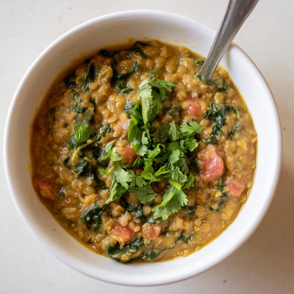 Hearty bowl of Savory Lentil and Spinach Dahl with steamed basmati rice and a lemon wedge.