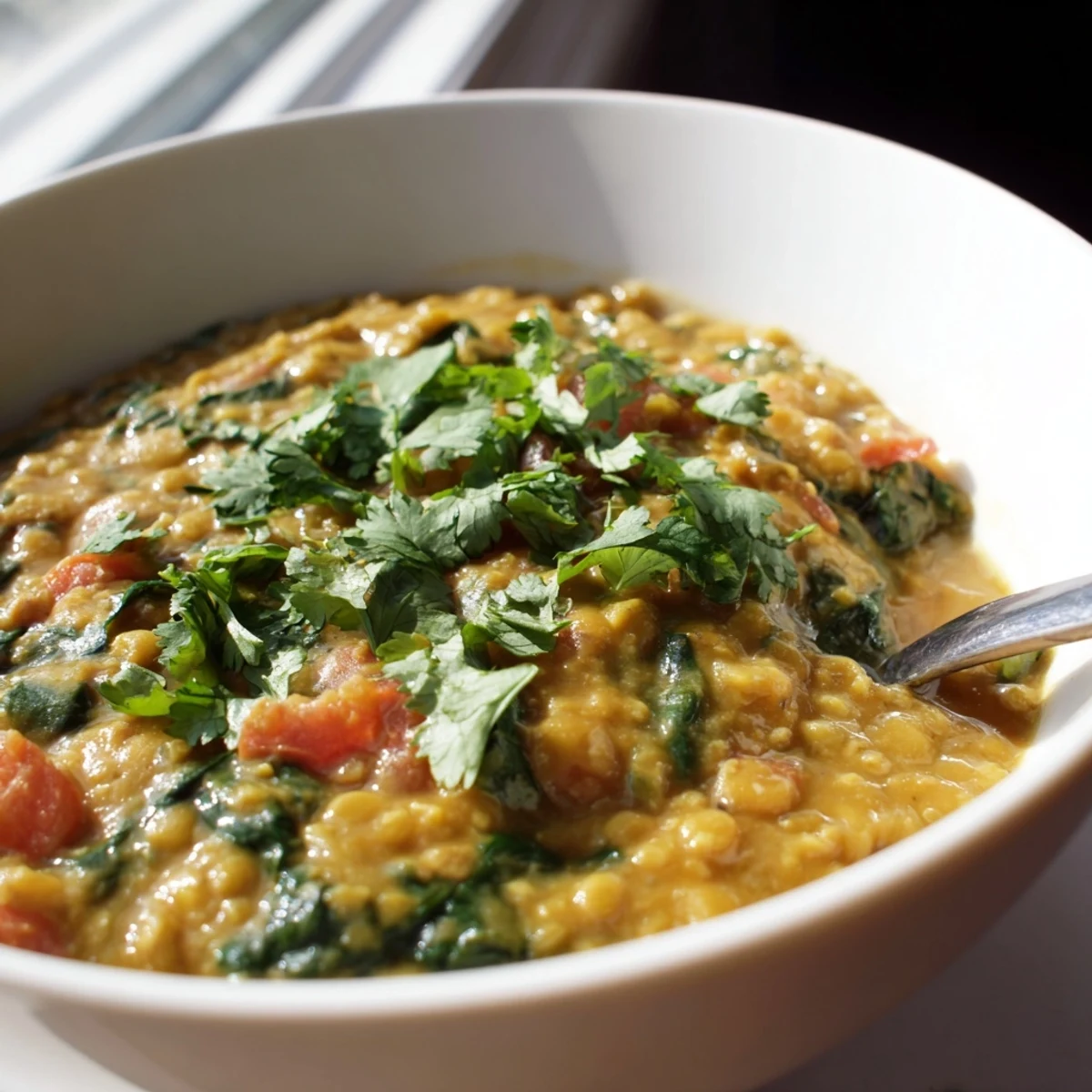 Aromatic Savory Lentil and Spinach Dahl steaming in a rustic pot, showcasing tender lentils and vibrant greens.