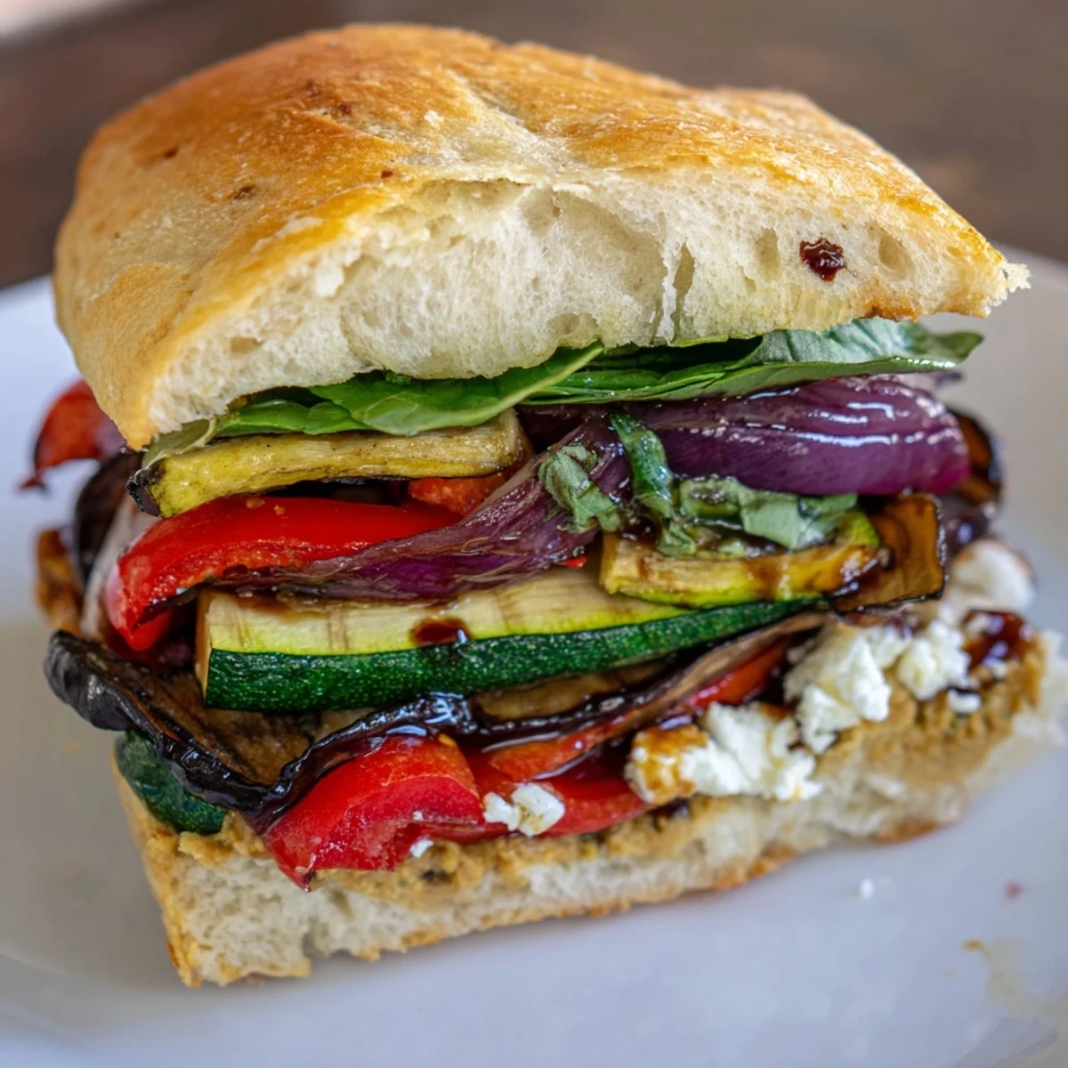 Grilled Vegetable Panini with Hummus and fresh basil on toasted ciabatta bread.