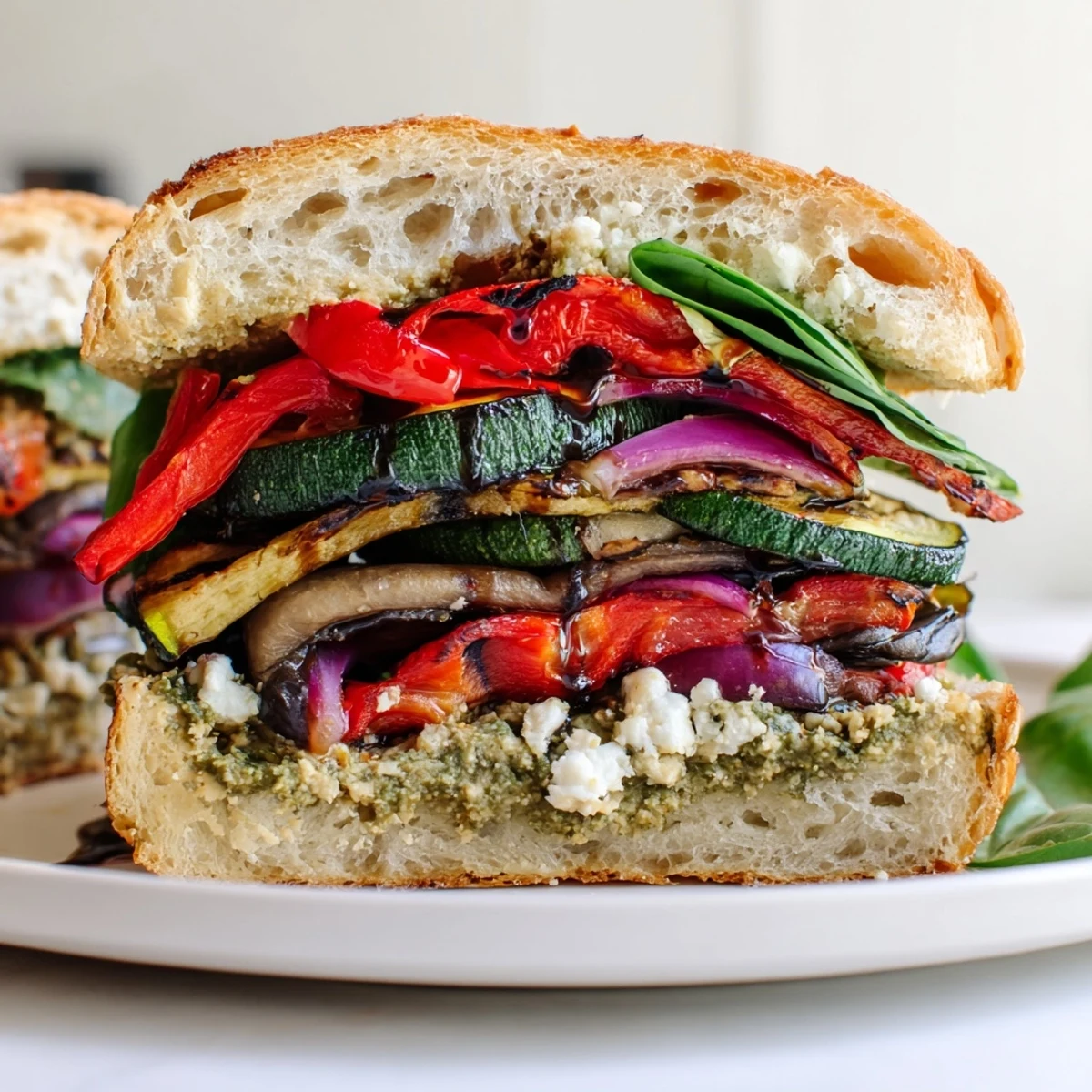 Sizzling eggplant and zucchini layered with creamy hummus in a pressed panini.