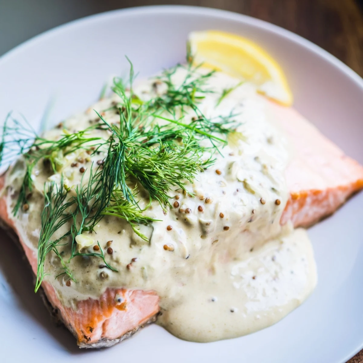 Restaurant-quality Baked Salmon with Dill and Mustard Sauce topped with creamy sauce, paired with roasted potatoes on a rustic table.