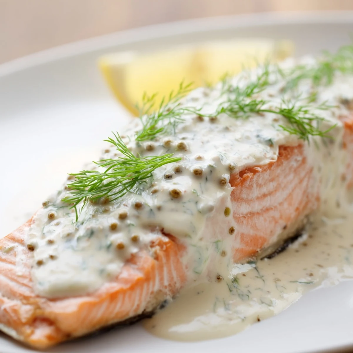 A close look at juicy Baked Salmon with Dill and Mustard Sauce on a plate, garnished with fresh herbs for dinner.