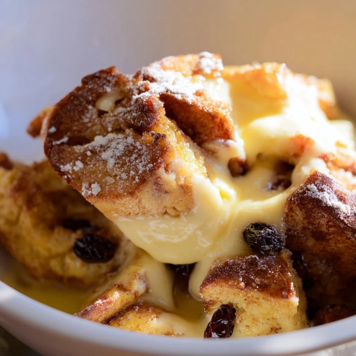 Golden-brown Cinnamon Roll Bread and Butter Pudding fresh from the oven, dusted with powdered sugar and ready to serve warm.