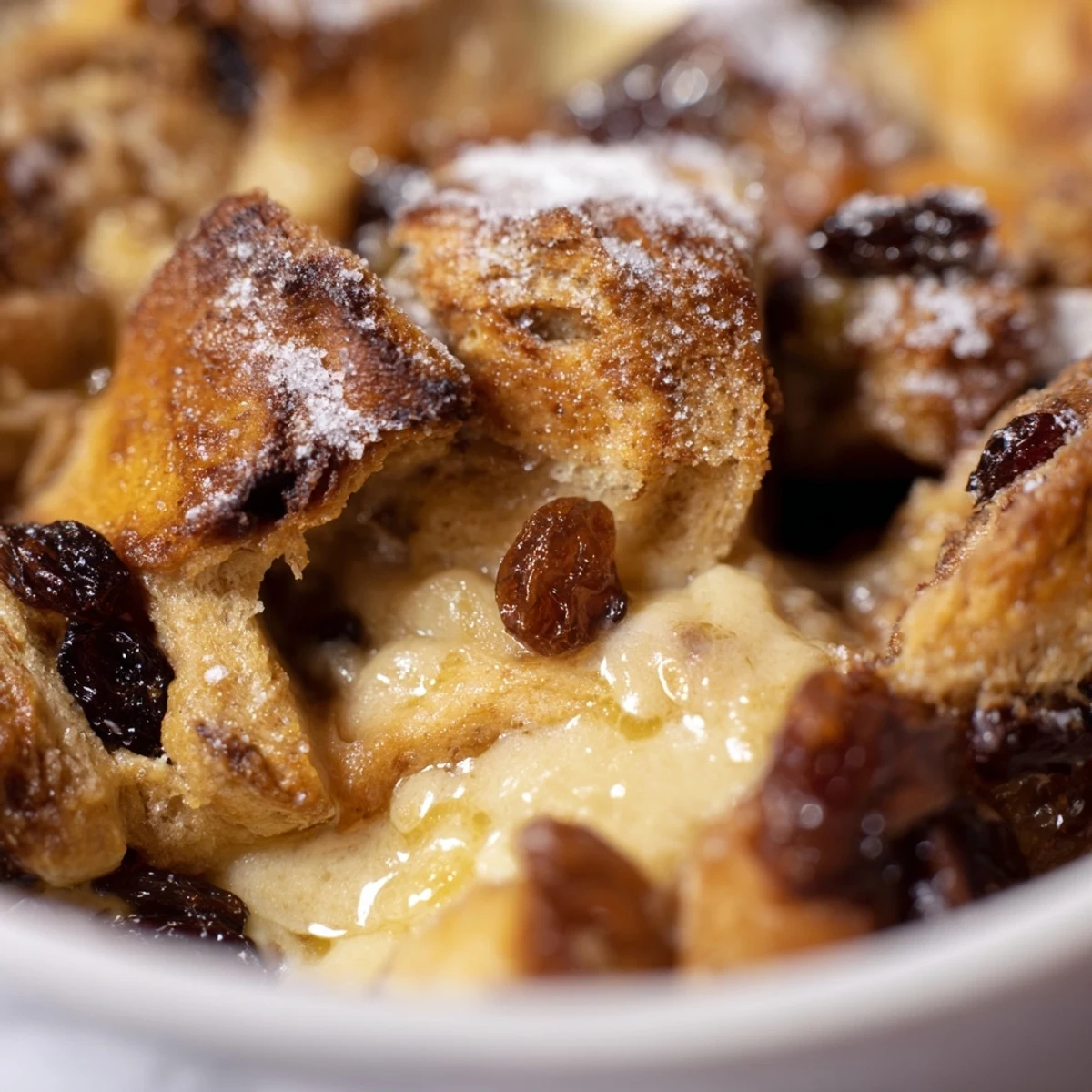 A close-up of Cinnamon Roll Bread and Butter Pudding scooped onto a plate, perfect for brunch or dessert with ice cream.