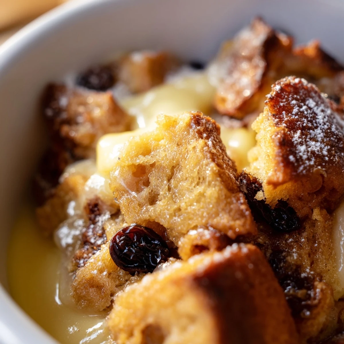 Freshly baked Cinnamon Roll Bread and Butter Pudding in a ceramic dish, featuring caramelized edges and a creamy custard texture.
