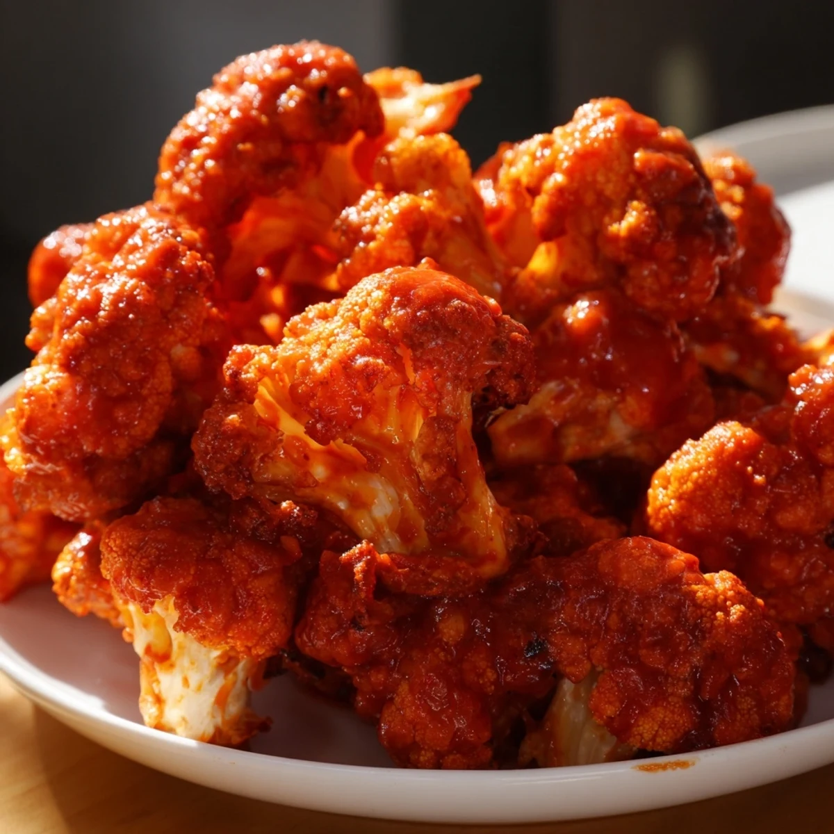 Golden Spicy Buffalo Cauliflower Wings pile high on a platter with blue cheese dip and fresh veggies.
