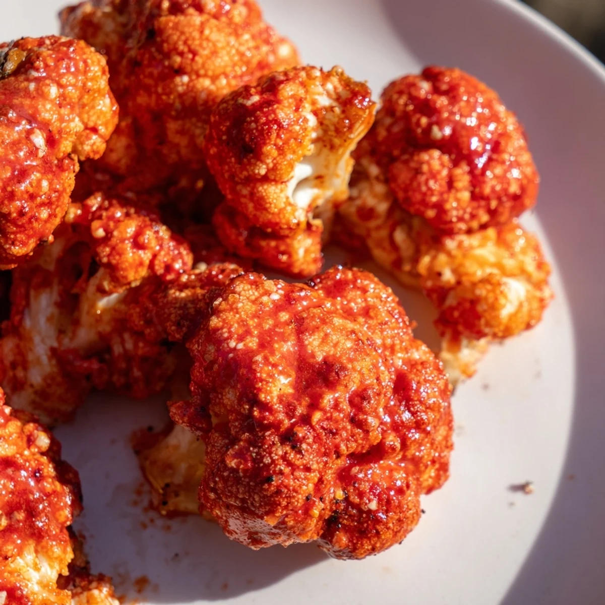 Crispy baked Spicy Buffalo Cauliflower Wings glisten in red sauce, served with celery sticks and ranch dressing.